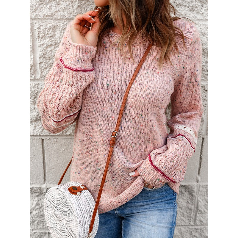 Wholesale Acrylic Round Neck Long Sleeved Hollowed Out Color Dot Blended Knitted Sweaters